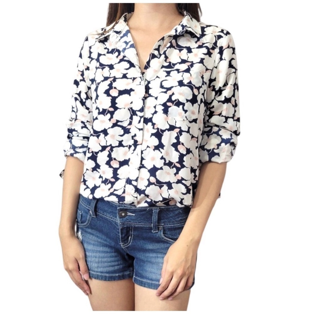 ANTHROPOLOGIE SKIES ARE BLUE Cottagecore Floral Roll Tab Sleeve Blouse Size M